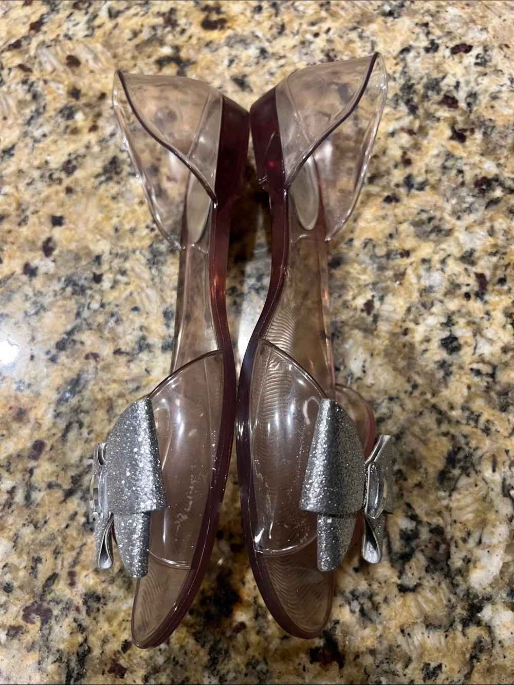 Stuart Weitzman Clear Jelly Sandals with Silver Glitter Bow